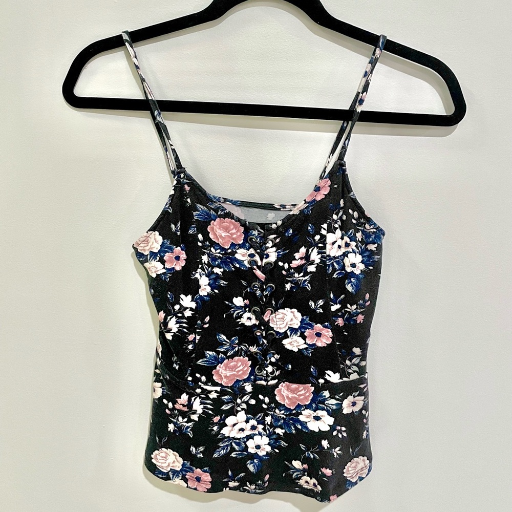 American Eagle Spaghetti-strap Tank Top Black Floral